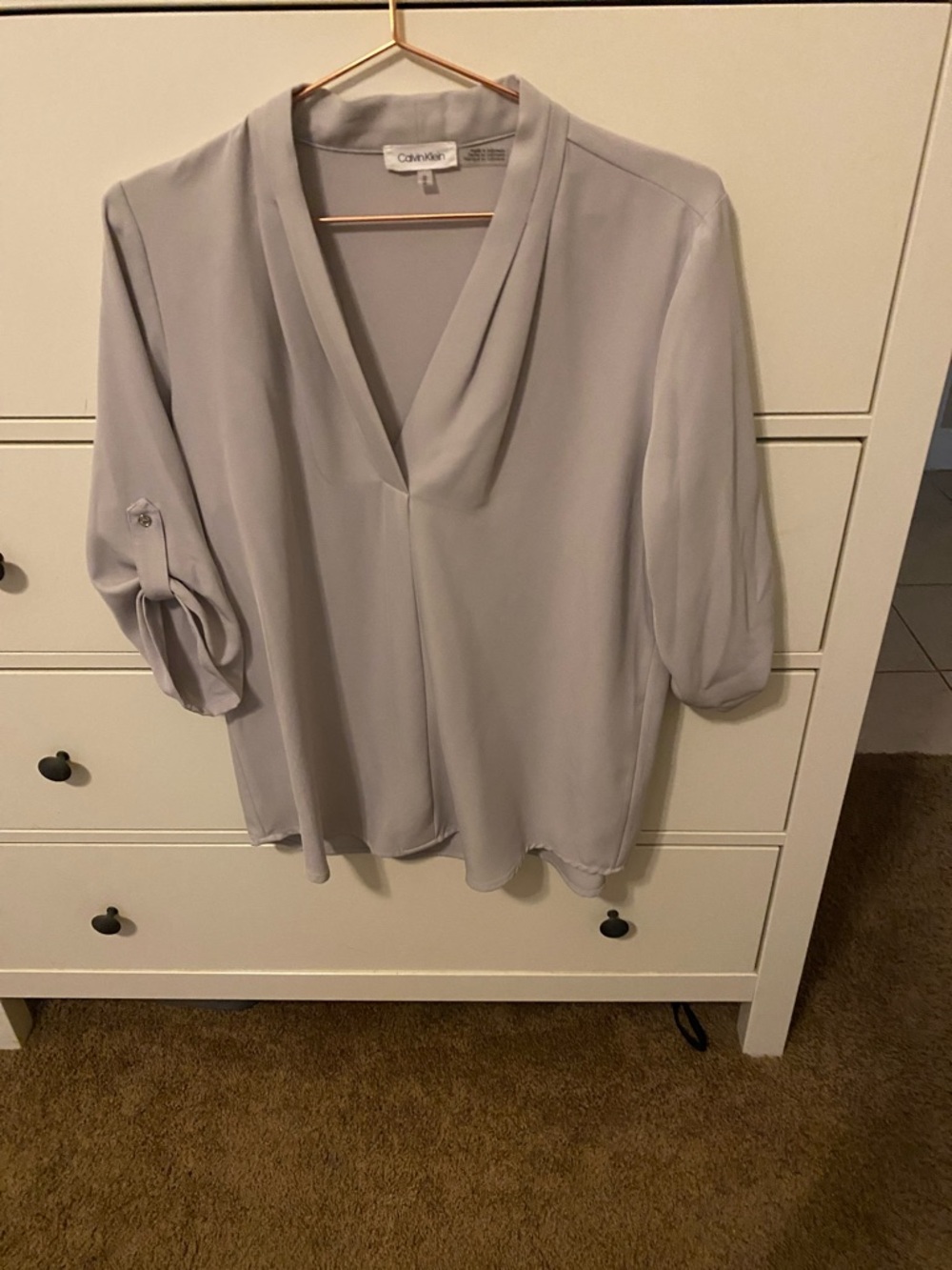 Calvin Klein Pale Gray V-Neck Draped Blouse